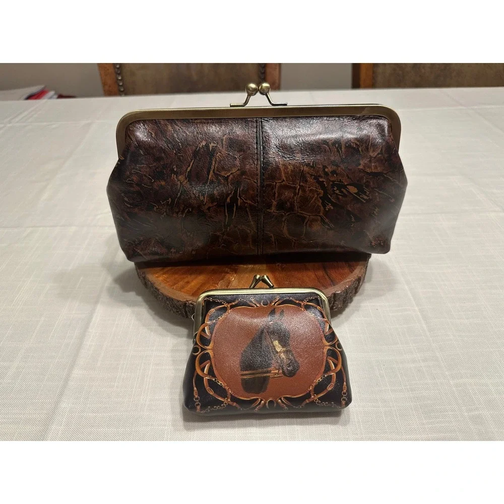 Patricia Nash Brown Leather Frame Clutch and Horse Coin Purse Set Kiss Lock